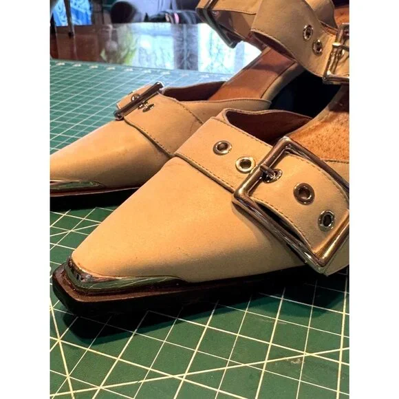 Jeffrey Campbell Free People Beige Buckled Heels Hendrix Silver Accents Size 10 - Picture 5 of 9